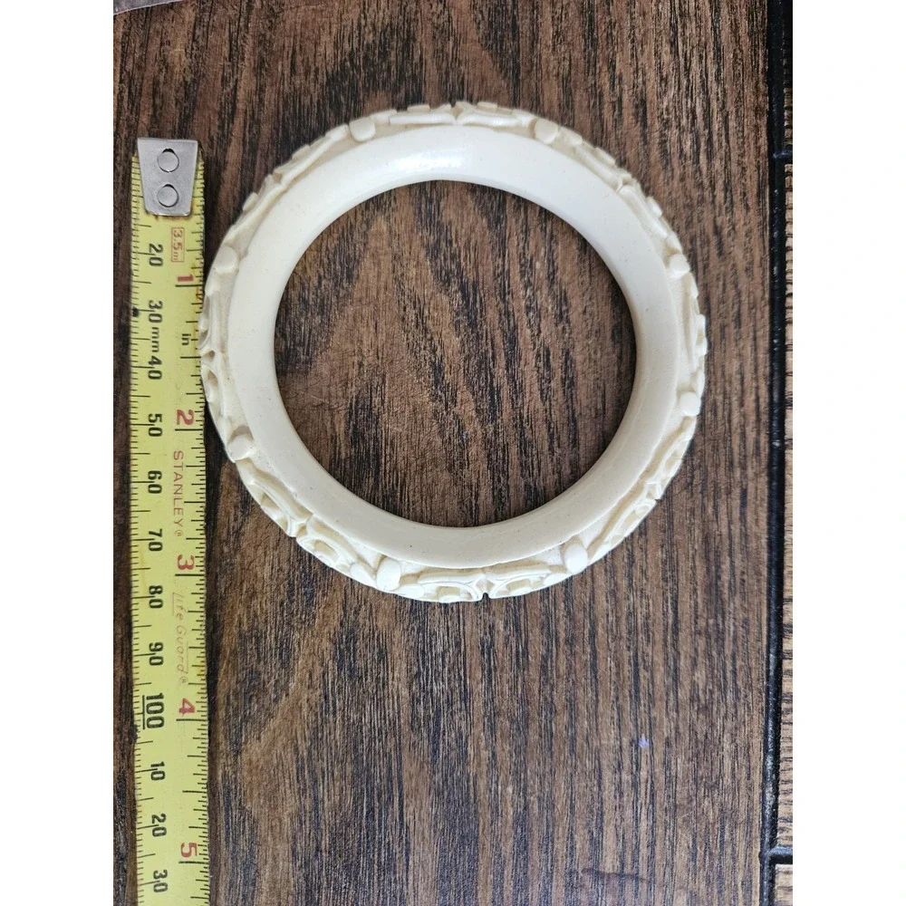 Vintage Cream Carved Floral Bangle Bracelet Mid Century Celluloid Style Resin